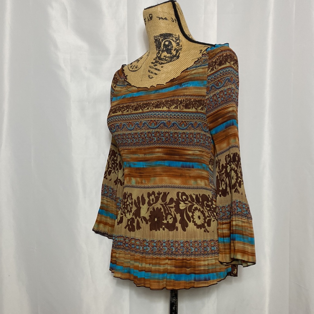 Brown Blue Floral Elastic Stretch Off The Shoulder Blouse S — image 2 of 8